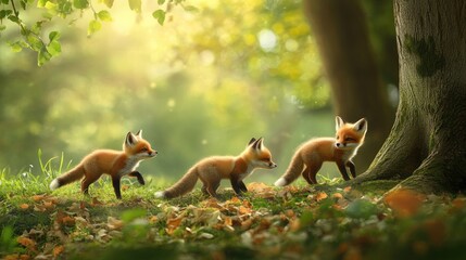 Playful little foxes relax and frolic amidst the trees in a woodland setting Wild creatures of the forest engage in playful activities