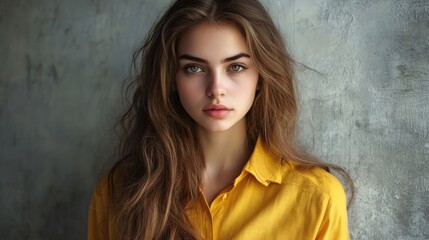 Fototapeta premium Portrait of a stunning young woman with long wavy hair dressed in a bright yellow shirt