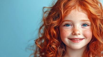 Fototapeta premium Smiling girl with curly ginger hair and freckles She appears cute and innocent yet shows a playful nature Banner includes ample blank space for text on one side