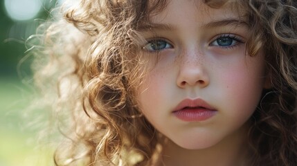 Fototapeta premium Serious looking young girl with curly hair gazes at the camera outdoors reflecting themes of childhood mistreatment and emotional turmoil