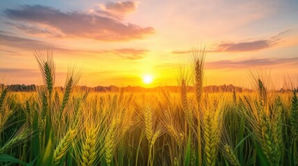 Fototapeta premium Serene sunset panorama over a colorful sky and expansive wheat field showcasing a peaceful nature landscape and emphasizing sustainable energy themes