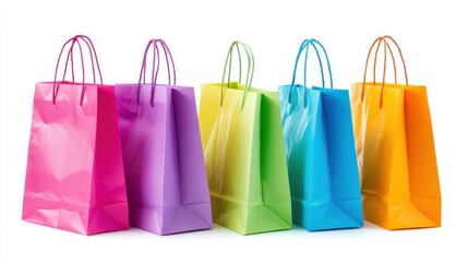 Colorful shopping bags in various shades arranged in a row. Perfect for any retail or fashion related project.