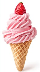 A delicious pink ice cream cone topped with a fresh strawberry, perfect for summer treats and dessert cravings.