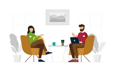 Two workers sit in a modern minimalist office or lounge indicating a casual professional meeting or discussion. Flat vector illustration isolated on white background.