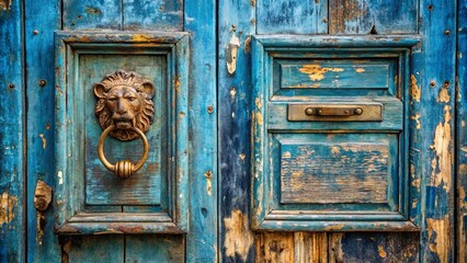 Naklejka premium A weathered blue wooden door with a lion head knocker and a worn brass latch.