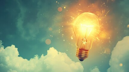 Idea light bulb flying to the sky like a rocket from a laptop computer - Flat lay