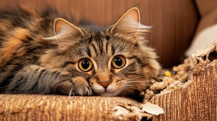 Playful kitten lounging on a damaged couch mischievous feline