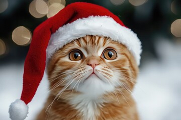 A Curious Ginger Cat Wearing a Santa Hat