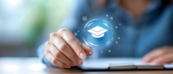 Close up of a female hand interacting with a holographic MBA icon surrounded by financial education symbols and information in a futuristic digital HUD interface