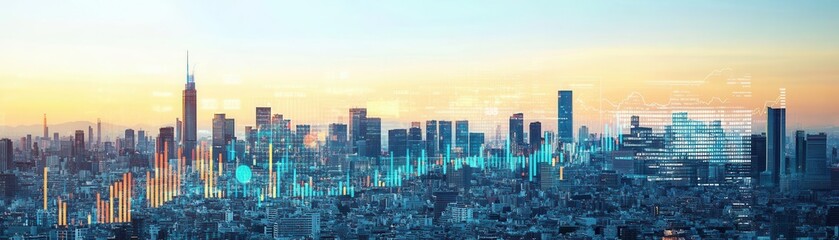 Obraz premium Abstract cityscape with digital charts overlay, symbolizing business growth and financial success