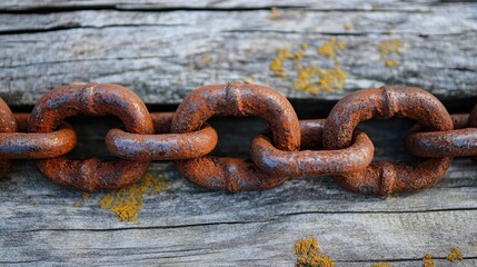 Fototapeta premium Rusty chain resting on a wooden surface