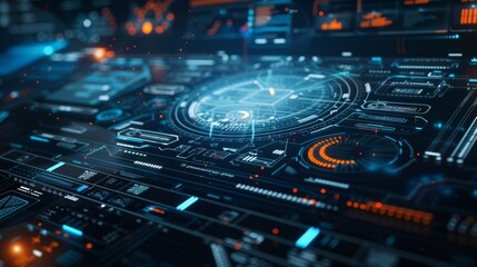 Glowing lines and intricate patterns form a futuristic interface, visualizing data analysis and projections in a technological environment