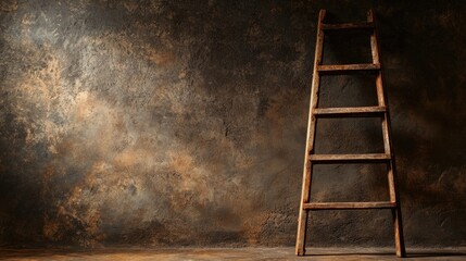 Rusty damaged ladder leaning against an aged wall surface