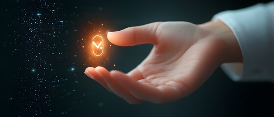 Close up of a woman s hand reaching towards a glowing MBA icon in a futuristic digital HUD display surrounded by finance and education related symbols representing the concept of career advancement