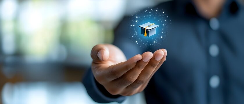 A female fingertip is shown touching a virtual MBA Master of Business icon surrounded by HUD Heads Up Display financial education and career advancement elements