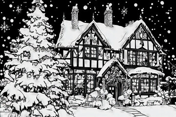 Sketchfor a coloring book, cozy Christmas English house at nighttime, with a lot of lighting candles and lights, New Year's postcard