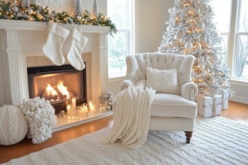  Elegant white Christmas-themed room with a decorated white Christmas tree, cozy fireplace, and white chair for a serene holiday atmosphere