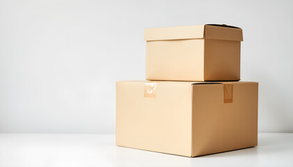 Stacked cardboard boxes on a neutral background, representing shipping, storage, and organization themes. Generative AI