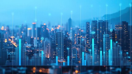 Obraz premium Business growth chart overlay on city skyline, symbolizing real estate market analysis