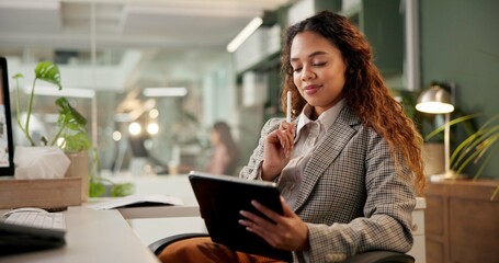 Tablet, thinking and woman in office with online planning, connection and reading email feedback....