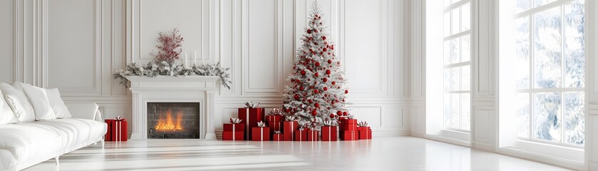 White Room Decorated with Christmas Tree, Fireplace, and Red Gifts