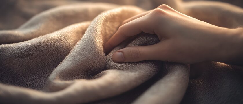 A close-up of a hand gently touching soft, warm fabric, conveying comfort and tranquility in a cozy setting.