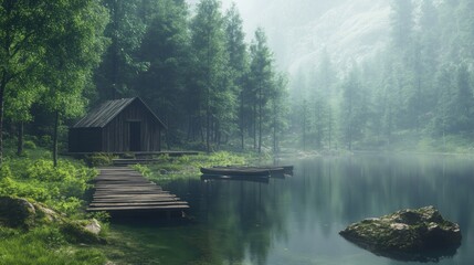 Fototapeta premium Serene Misty Lake Cabin Wooden Dock Canoes Forest
