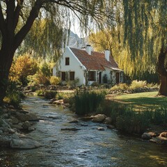 Obraz premium Idyllic Cottage by River Tranquil Landscape Home Nature
