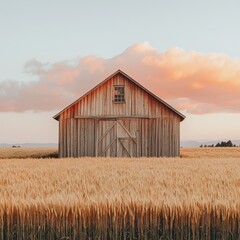Obraz premium Rustic Wooden Barn in Golden Wheat Field at Sunset