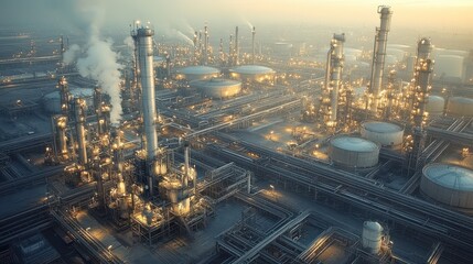 Naklejka premium Aerial View of Industrial Refinery with Smokestacks and Pipelines at Sunset, Illuminated by Warm Lights