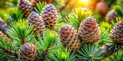 Fototapeta premium A Close-Up View of Cones on a Branch, Showing the Intricate Details of Their Structure, with Sunlight Filtering Through the Evergreen Needles