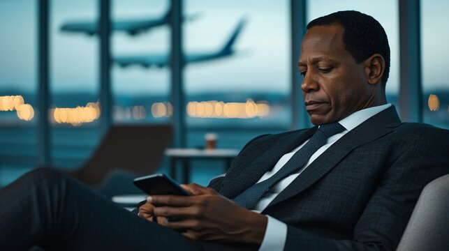 Businessman in Tailored Suit Using Smartphone in Lounge