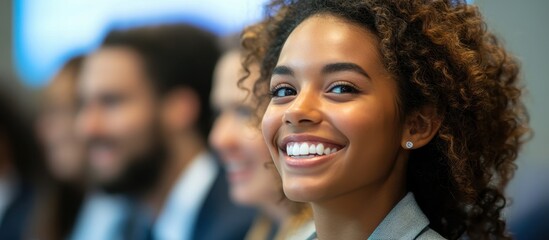 Obraz premium Smiling Professional Woman in Business Meeting with Colleagues in Background, Focus on Confident Expression and Positive Atmosphere