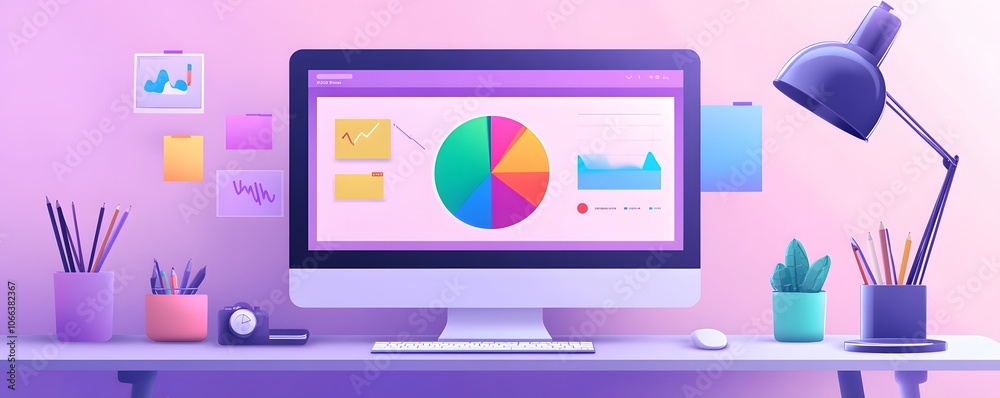 Poster a modern workspace featuring a computer displaying colorful graphs and charts, ideal for illustratin