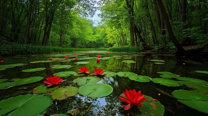 A serene pond filled with vibrant red water lily surrounded by lush greenery.