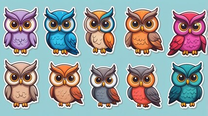 Obraz premium Adorable owl stickers in various poses, perfect for kids, on a white backdrop. 