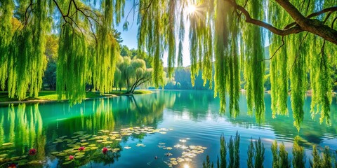 Fototapeta premium Tranquil Pond Surrounded by Lush Weeping Willow Trees, Sunrays Reflecting Off Rippling Water and Floating Lily Pads
