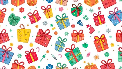 A festive Christmas pattern featuring gift boxes and pine branches on a white background.