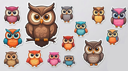  Bright owl sticker set with branches, leaves; cartoon style, light background.  