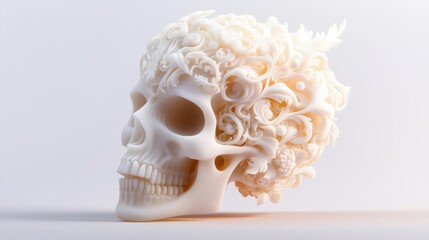 Naklejka premium White skull designed with a 3D printer featuring decorative Baroque elements and floral motifs