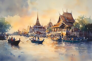 Naklejka premium Art painting Watercolor Floating market and temple Thailand ,