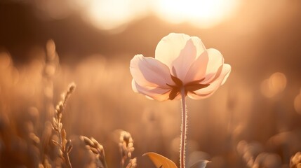 Obraz premium A serene flower basking in golden sunlight, surrounded by soft fields, evoking feelings of peace and natural beauty.