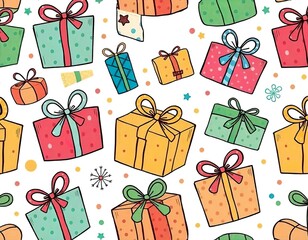 Colorful Christmas pattern with gift boxes and pine branches on a white background.