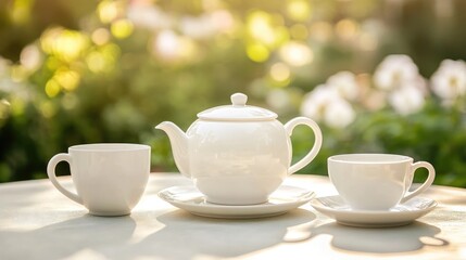 Fototapeta premium White porcelain tea or coffee set displayed on a table in a garden with a blurred green nature backdrop