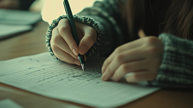 A student is taking an entrance exam, possibly the SAT, using an OMR (Optical Mark Recognition) sheet.  They're filling in bubbles with a pen. The image is slightly blurry and a bit noisy.