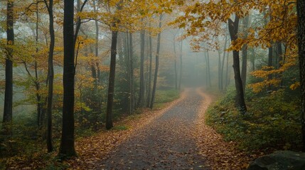 Obraz premium A serene forest path lined with autumn leaf, shrouded in morning mist.
