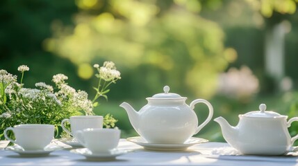 Fototapeta premium White porcelain tea or coffee set displayed on a table in a garden with a blurred green nature backdrop