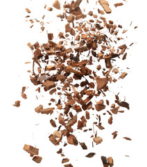 Coconut peel husk flying explosion, coconut chopped big L size abstract fall down garden. Coconut shell peel fertilizer splash throwing in Air. White background Isolated high speed shutter, freeze