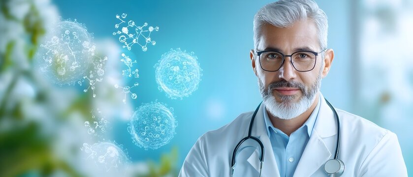 Remote healthcare consultation concept featuring a doctor on a screen surrounded by holographic health data icons representing the future of telemedicine and digital medical services