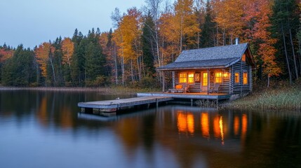 Fototapeta premium Cozy Lakeside Log Cabin Autumn Evening Peaceful Retreat